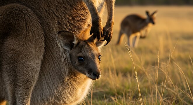 Adorable baby kangaroo joey peeks out from its mother's pouch during golden hour in grassy Australian field,Generated Image