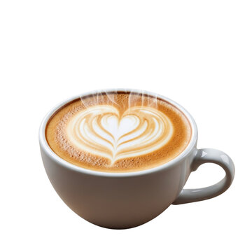 Steaming latte art coffee with heart design, perfect for cafe menu or morning happiness.