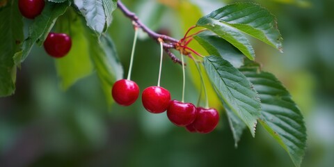 A cluster of juicy red cherries hangs from a branch with lush green leaves.
