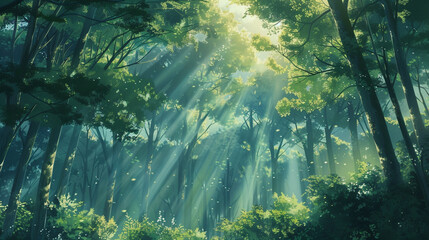 The Golden Symphony of Forest Light. Sunbeams weaving harmony within the emerald shadows