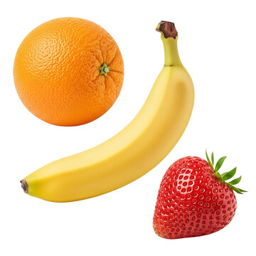 Fresh healthy fruits orange banana and strawberry isolated on transparent background