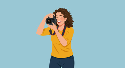 Obraz premium Smiling Woman Holding Camera Taking a Photo.