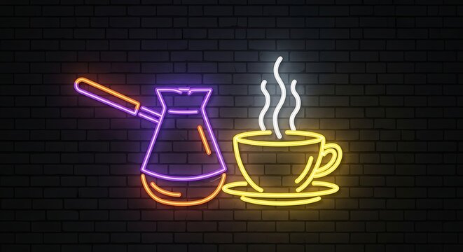 Vibrant neon sign of a turkish coffee pot and steaming cup
