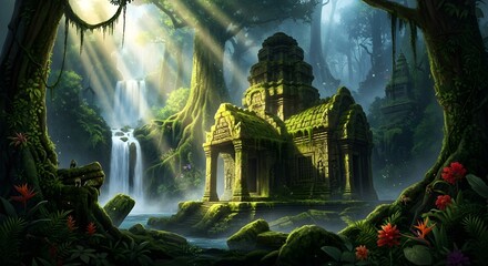 Ancient temple ruins enveloped by lush rainforest vegetation, illuminated by sunlight streaming through the jungle canopy.