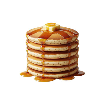 Delicious stack of fluffy pancakes with melting butter and drizzling maple syrup, breakfast delight