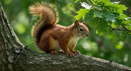 Obraz premium Red squirrel perched on a tree branch surrounded by green leaves and bokeh