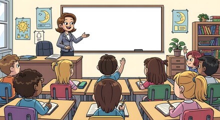 Illustration depicting an elementary school classroom with a teacher presenting at a whiteboard, while students listen attentively, raising hands and taking notes, suggesting a vibrant learning enviro