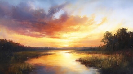 Fototapeta premium Serene Sunset River: A Golden Hour Impressionist Landscape