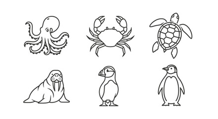 Line art illustrations of various marine and arctic animals including an octopus, crab, sea turtle, walrus, puffin, and penguin. © Sultan Desain