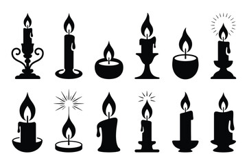 Black candle silhouettes with white flames vector
