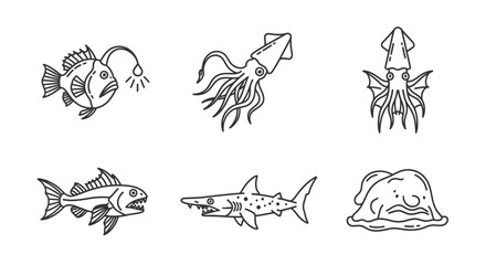 Line art illustrations of various sea creatures.