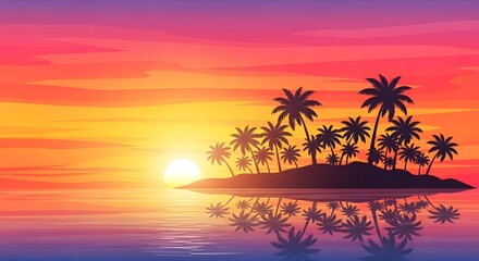 Vibrant tropical sunset with silhouetted palm trees on an island, beautifully reflecting in the calm ocean water, creating a serene paradise scene.