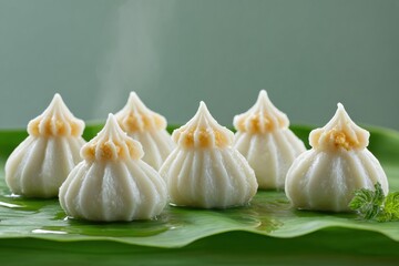 Obraz premium Authentic Premium White Modak with Coconut Jaggery Filling on Banana Leaf Traditional Indian Festival Sweets for Festive Marketing and Social Media Use