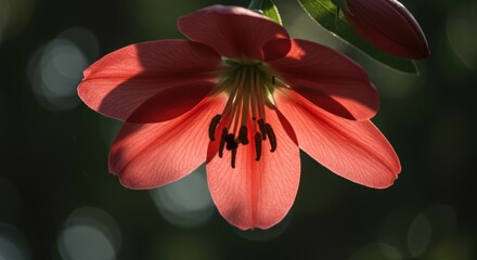 Closeup of a red lily flower with dew drops