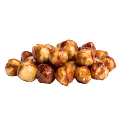 Obraz premium Delicious candied hazelnuts featuring a sweet, crunchy exterior, perfect for snacking or desserts, isolated on a transparent background, PNG format