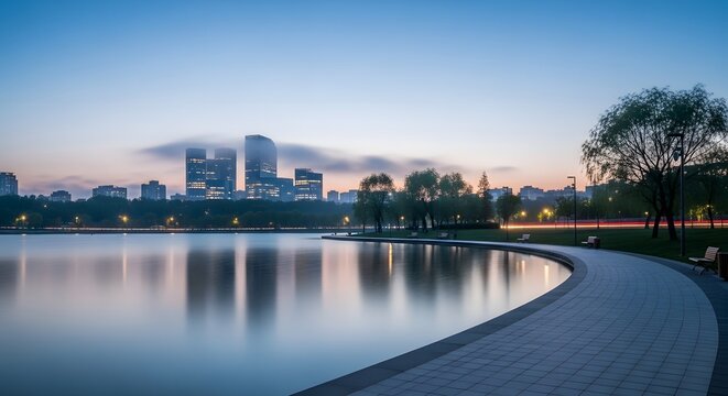 Peaceful city lake waterfront at dusk with distant modern buildings and calm water reflections creating a serene urban landscape scene