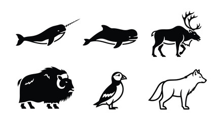 A collection of six black and white vector icons depicting various arctic and northern animals, including a narwhal, whale, moose, muskox, puffin, and wolf.