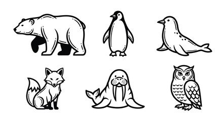 A collection of six black and white line art icons featuring various arctic and antarctic animals.