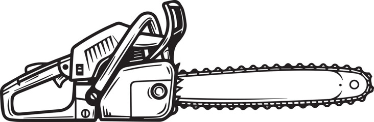 Black and White Illustration of a Chainsaw with a Long Bar and Chain power tool