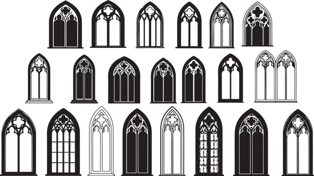 Assortment of gothic architectural windows in black and white vector graphics architecture arched