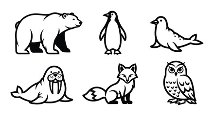 Black and white line art illustrations of various arctic and woodland animals, including a bear and fox.