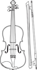 Black and white line art of a violin and two bows on a white background musical instrument string instrument