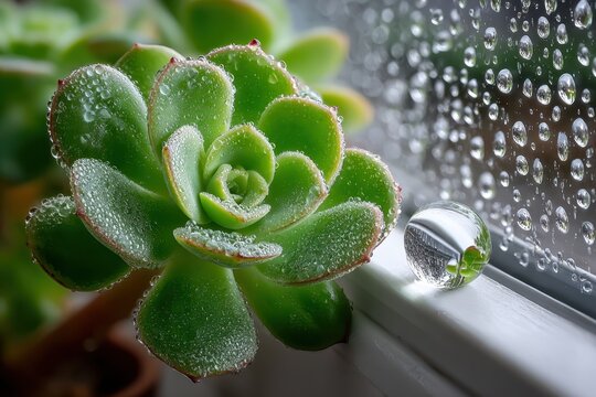 Succulent with water drops and lensball on windowsill