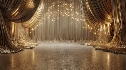 Luxurious Golden Stage With Draped Curtains and Sparkling Lights Inviting You to Perform Now