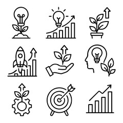 Business Growth Icons Lightbulb Rocket Target and Plant Illustrations.
