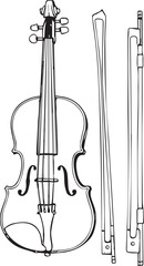 Outline drawing of a violin and two bows on a white background viola string instrument