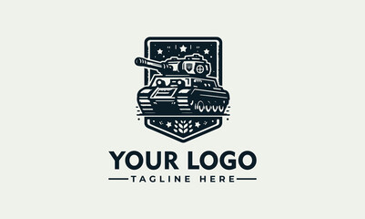 A stylized black and white emblem featuring a detailed tank design, set against a shield shape.