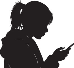 Silhouette of a girl with ponytail using a mobile phone child young