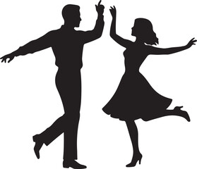 Silhouette of a Man and Woman Dancing with One Leg Raised on a White Background couple