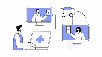 Illustration depicting a virtual healthcare consultation. Doctors and patients interact via video screens, showcasing remote medical appointments and technology's role in healthcare.