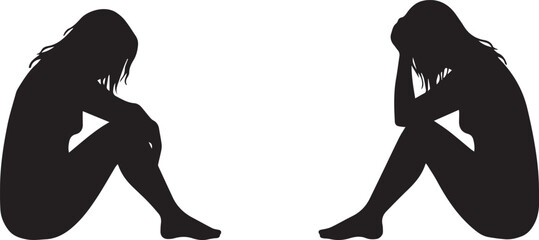 Two Silhouetted Women Sitting in a Depressed Pose with Heads Down on a White Background woman female © RJ - Creativity