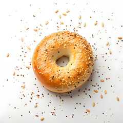 Golden brown sesame seed bagel shown in high resolution, perfectly isolated on a clean white background,