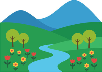 Fototapeta premium Flat Colorful Spring Scenery with Mountains, River and Flowers Illustration