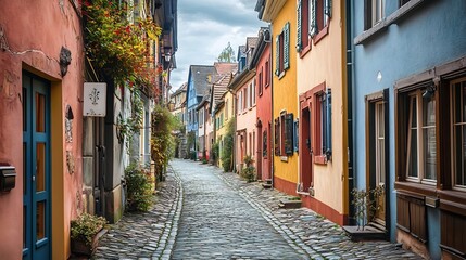 Fototapeta premium Charming Cobblestone Street with Colorful European Houses