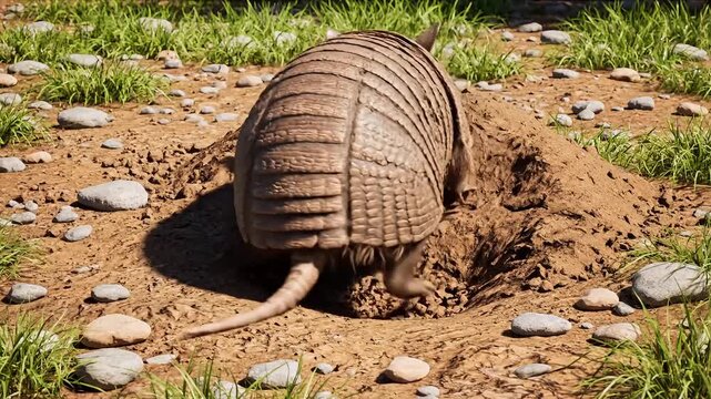 Armadillo digging into the earth, its armored shell prominent in natural sunlight.