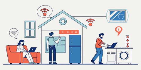Illustration of a modern family interacting with smart home devices and technology in a minimalist home setting.