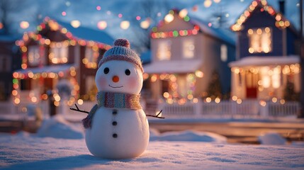 Obraz premium Adorable Snowman in Festive Winter Neighborhood with Christmas Lights