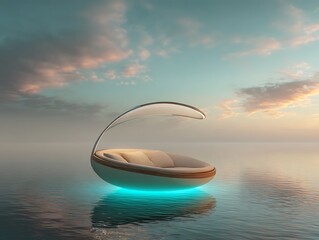 High-tech meditation pod levitating over tranquil water with neural light rose beige and neon cyan tones