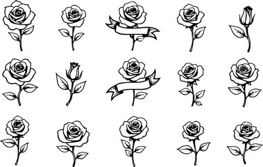 Black and White Rose Tattoo Design Set with Ribbons and Swords