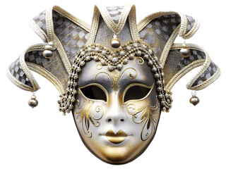 Naklejka premium Venetian Jester Mask with Gold and Silver Embellishments isolated on a transparent background