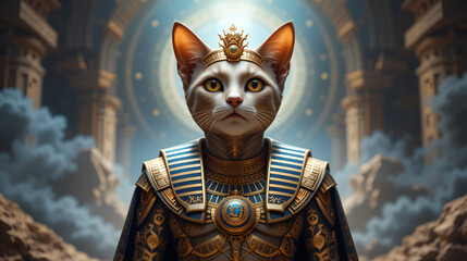 A captivating image of an Egyptian cat depicted in a regal manner, showcasing its dominion over both the human and spiritual realms. .
