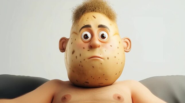 3d couch potato character with a blank stare and messy hair sits shirtless on a couch against a plain background