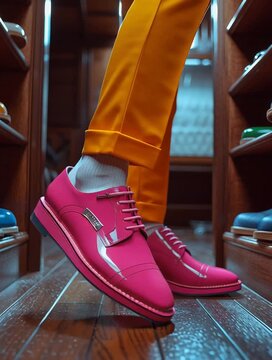 Gay or eccentric man in yellow pants and pink shoes in colorful shoe store. In the closet concept.