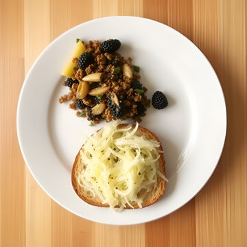 Emparedado con chucrut sauerkraut col agria pan integral plato negro almuerzo