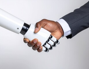 Human Hand Shaking Hands with Robotic Hand on White Back