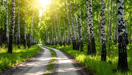Fototapeta premium A sunlit path meanders through a birch forest with vibrant green foliage overhead, creating a sense of tranquility and inviting exploration in the natural landscape
